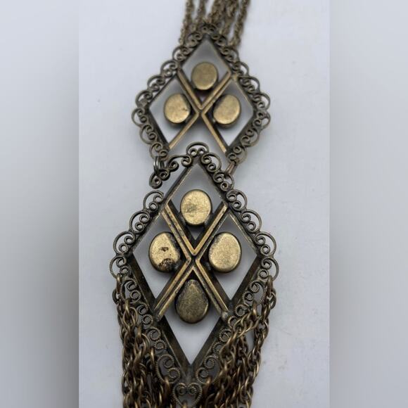 Vintage German Blue & Red Brass Tone Tassel Chain Statement Unique Rare Necklace - Picture 3 of 6